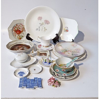 Quantity of 23 China and Porcelain Items Including Large Wedgwood Plate, Two Items with Basketweave Detailing by Schumann and Shelley Cake Plate