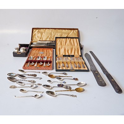 Quantity of Vintage Kitchen Items Including Silver Plate Boxed Cake Forks, Two Hartley and Co Knives, Collection of Silver Plate Spoons and More