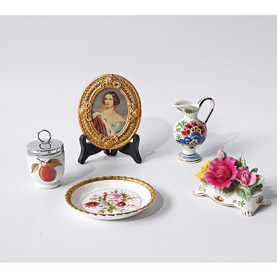 Group of Five Items Including  Small Coalport Plate, Gilt Framed Hand Painted Miniature Portrait, Royal Albert Old Country Roses and More
