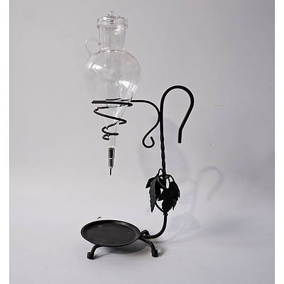 Glass Decanter with Acid Etched Grape Motif on Wrought Iron Frame