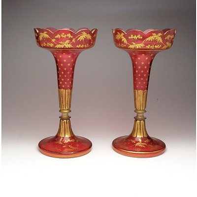 Pair of Victorian Gilt Decorated Ruby Glass Mantle Vases with Scalloped Rims