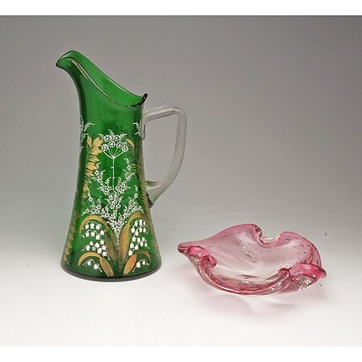 Edwardian Hand Blown and Decorated Glass Pitcher and a Murano Glass Dish