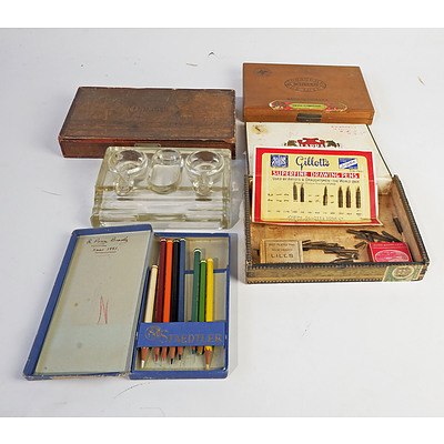 Three Cigar Boxes, Approximately 20 Metal Pen Nibs, Glass Desk Tidy and More