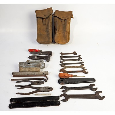 Quantity of Vintage Tools Including Eight Spanners, Two Sets of Pliers, Two Army Small Panniers and More