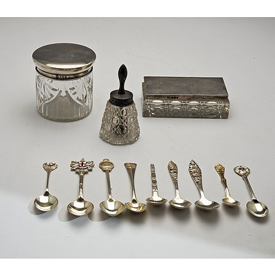 12 Solid Silver Items Including Silver Lidded Crystal Stamp Holder, Two Cut Glass and Silver Lidded Items and Nine Teaspoons