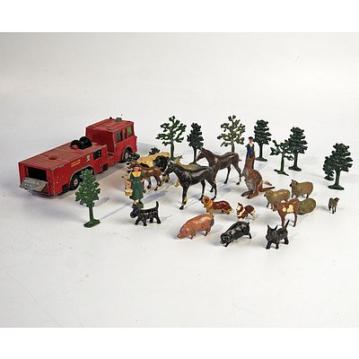 Aproximately 20 Vintage Lead Farm Animal Figures and Matchbox Fire Engine