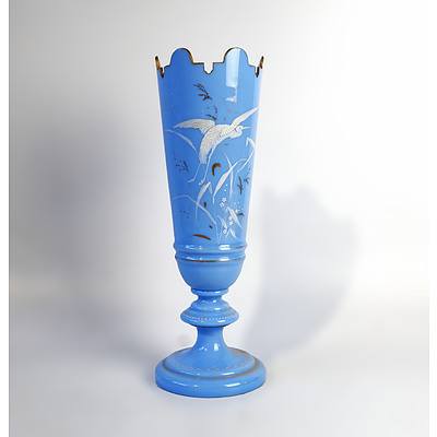 Victorian Enamel Decorated Blue Opaline Glass Mantle Vase with Crenellated Rim