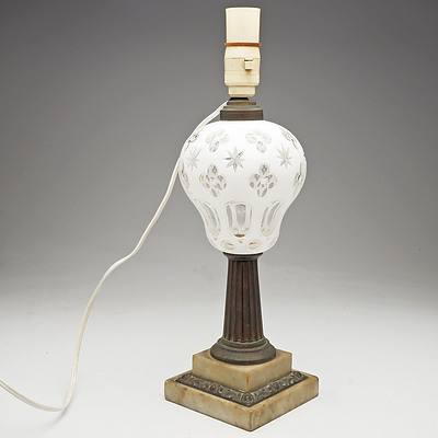 Antique Cut Overlaid Glass and Alabaster Banquet Lamp Base Converted to Electricity