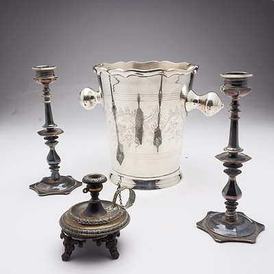 Three Silver Plate Items Including Pair Candle Sticks and Copper Candleholder