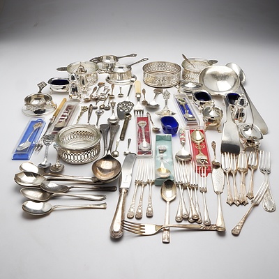 Large quantity of Silver Plate Including Six Footed Salt and Pepper Cellars, Three Tea Strainers, Quantity of Cutlery and More