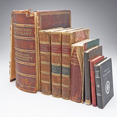 Quantity of Eight Vintage Hard Cover Books Including Three Leather Bound Gilt Tooled 1846 Volumes of Ollendorffs French Grammar, Worcester's Dictionary, 1894 and More