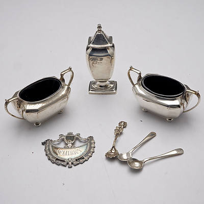Pair of Sterling Silver Salt Cellars with Bristol Blue Glass, Sterling Silver Pepper Pot, Three Miniature Spoons