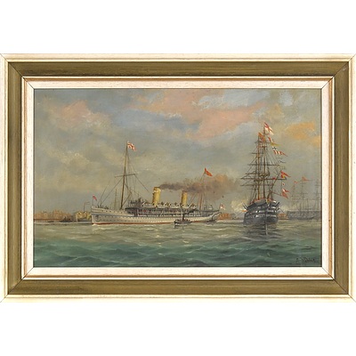 E Robins (British Active 1882-1902) HMS Victory and SS Ophir at Portsmouth Harbour, Oil, Circa 1890s