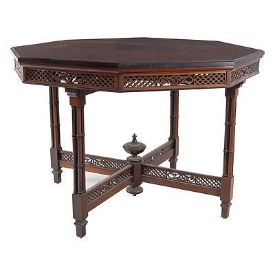 Late Victorian Rosewood Chinese Chippendale Style Octagonal Centre Table with Pierced Aprons and Stretchers, Late 19th Century
