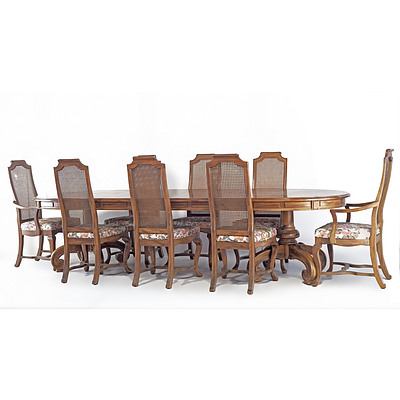 Large American Drexel Double Pedestal Extension Dining Table with Eight Caned Back Chairs