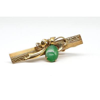 Antique 14ct Yellow Gold Tie Bar with Oval Cabochon of Jade