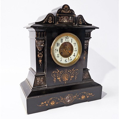 Late Victorian Marble and Slate Mantle Clock with Engraved and Gilded Ornament, the French Movement with Exposed Escapement