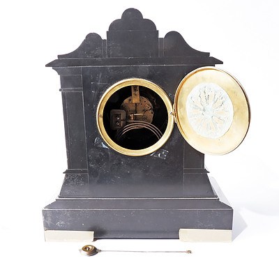 Late Victorian Marble and Slate Mantle Clock with Engraved and Gilded Ornament, the French Movement with Exposed Escapement
