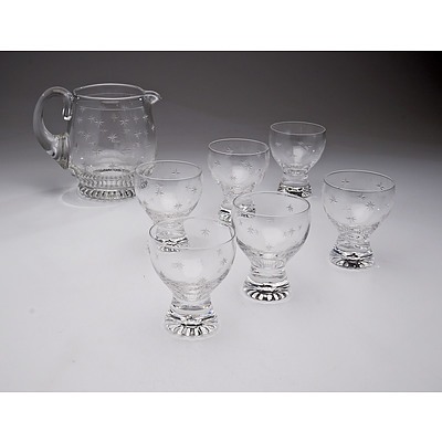 Stuart Crystal Pitcher in Etched Star Pattern and Six Matching Glasses