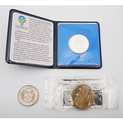 RAM $10 Uncirculated Sterling Silver Coin, State Series 1985, 1933 New Zealand Half Crown and a 1988 Five Dollar Commemorative Coin