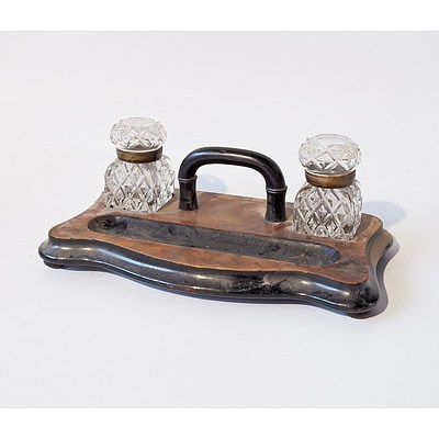 Late Victorian Walnut Standish with Two Glass and Brass Mounted Inkwells
