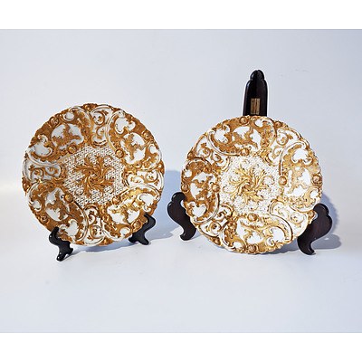 Pair Antique Meissen Gilt Decorated Porcelain Plates with Antique Staple Repairs to One
