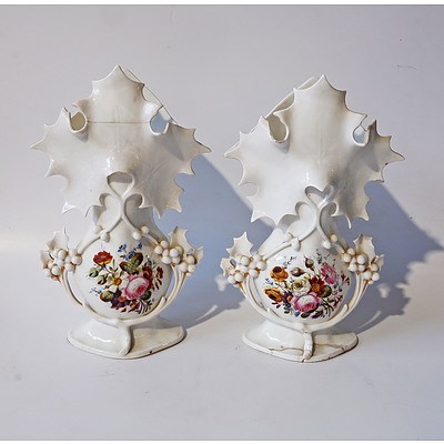Pair of Antique Continental Hand Painted and Moulded Mistletoe Theme Porcelain Spill Vases, Possibly French
