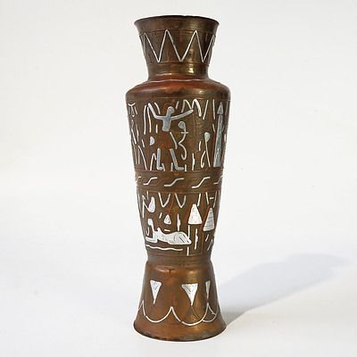 Brass Egyptian Vase with Silver and Copper Inlay, Early 20th Century