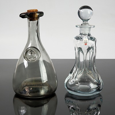 Swedish Kluk Kluk Glass Decanter with Stopper by Holmegaard and Glass Carafe with Face Motif