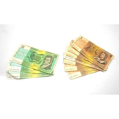 Seven Australian $1 Notes, Including Knight Wheeler, Knight/Stone, Phillips/ Wheeler and Three Australian $2 Notes, Including Knight/Stone and Johnston/Fraser