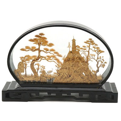 Chinese Cork Carving of a Pagoda and Crane