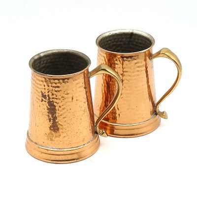 Pair of Doric Beaten Copper and Brass Tankards
