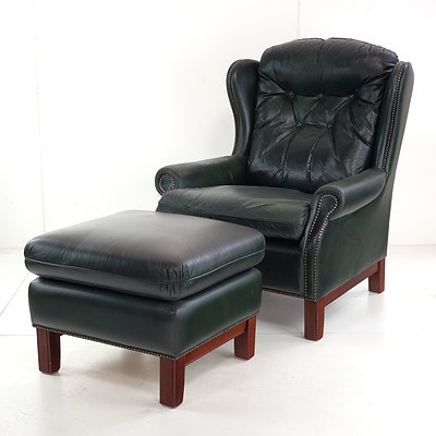Chiswell Green Buttoned Leather Wingback Armchair with Ottoman