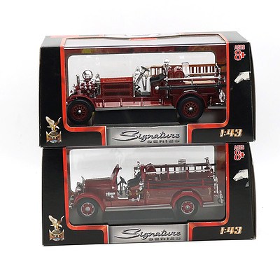 Two Boxed Signatures Series 1:43 Fire Trucks, Including 1935 Mack Type 75BX and 1925 Ahrens Fox NS4