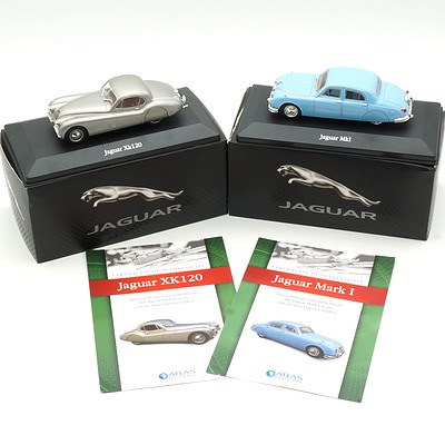 Boxed Atlas Editions Jaguar Mark I and Jaguar XK120, with Certificates