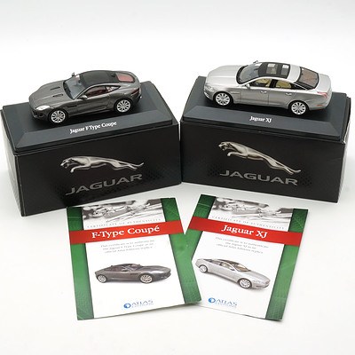 Boxed Atlas Editions Jaguar XJ and Jaguar F Type Coupe, with Certificates