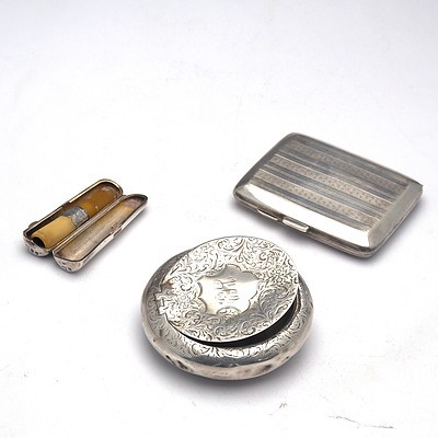 Three Sterling Silver Wares, Including Victorian Smokers Tip Case, 1894  Compact and Cigarette Case