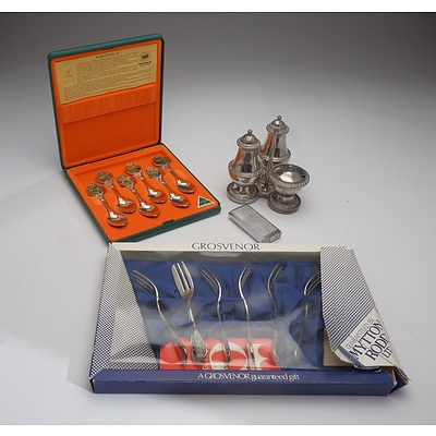 Silver Plate Condiment Set, Lighter, Boxed Grosvenor Stainless Steel Cake Forks and a Boxed Commemorative Tea Spoons
