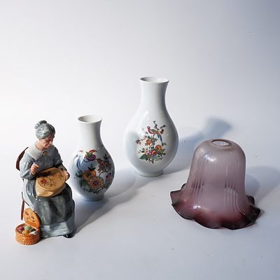 A Royal Doulton 'Embroiderer' Porcelain Statuette, Two Franklin Mint Porcelain Vases and a Violet Fluted Glass Lamp Shade