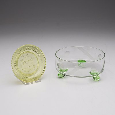 Etched Crystal Candy Dish with Uranium Glass Feet and Small Round Yellow Uranium Glass Commemorative Plate