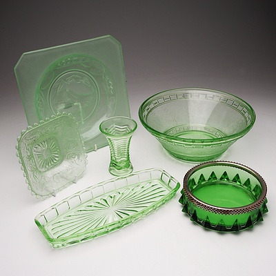 Group of Art Glass, Depression Glass and Crystal Includes Small Square Uranium Glass Dish 
