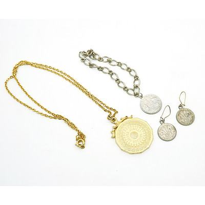 1x Gold Plated 50 Cent Piece Necklace, 1x Sixpence Bracelet and a Set of Threepence Earrings