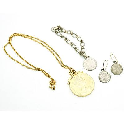 1x Gold Plated 50 Cent Piece Necklace, 1x Sixpence Bracelet and a Set of Threepence Earrings
