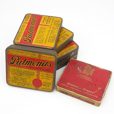 Five Vintage Pulmonas Tins and One Benson & Hedges Cigarette Tin