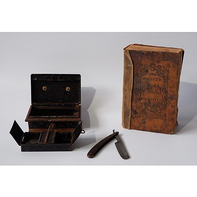 A Tin Cash Box, a Cut Throat Razor and an Antique Book from the Society for Promoting Christian Values