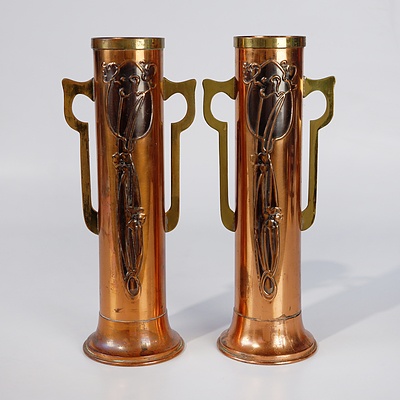Pair Art Nouveau Copper Mantle Vases with Brass Handles