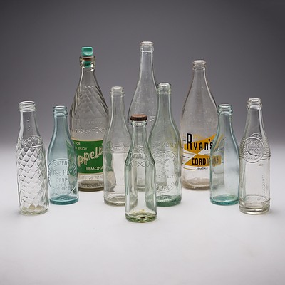Quantity of 10 Vintage Australian Cordial and Soft Drink Bottles Including Port Fairy Cordials, Appelets lemonade Pyro Label with Stopper and More