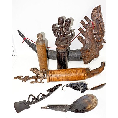 Group of Tribal Indonesian and Borneo Cravings, Buffalo Horn Scoops, Lime Containers etc