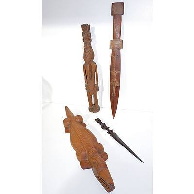 Various New Guinea Carvings, Including Ramu Figure