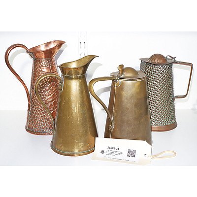 Four Antique English Joseph Sankey and Sons Jugs Including Two Brass and Two Copper Examples